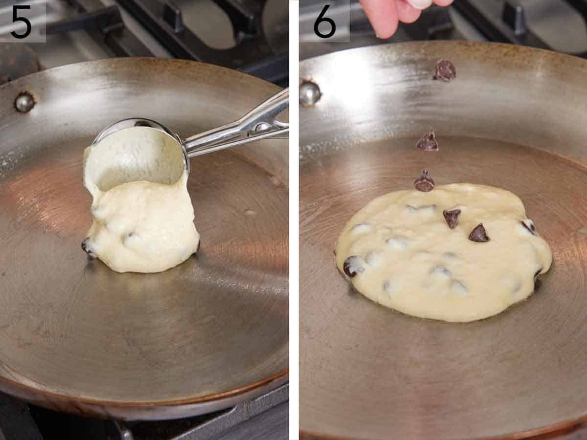 Set of two photos showing batter scooped into a skillet and chocolate chips added on top.