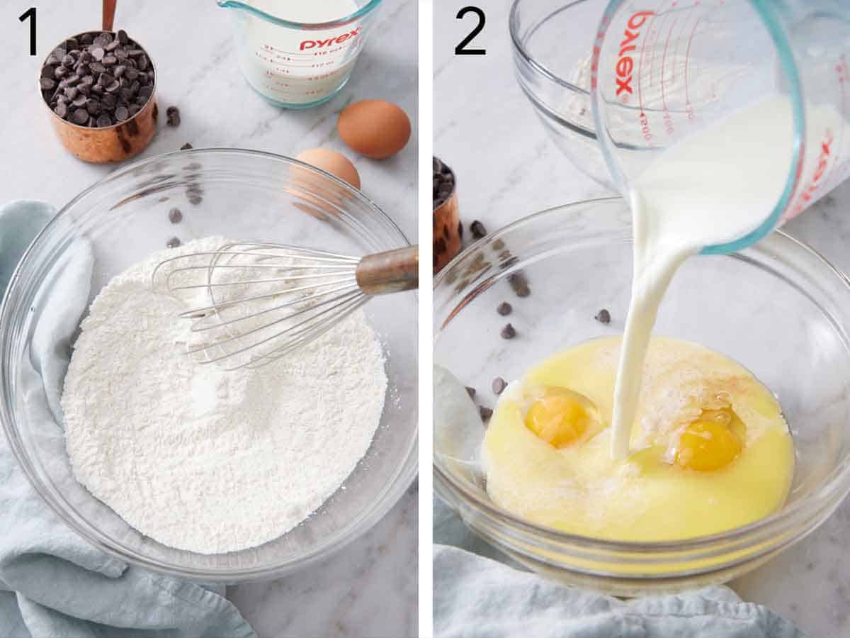 Set of two photos showing dry ingredients whisked and milk added to a bowl of eggs.