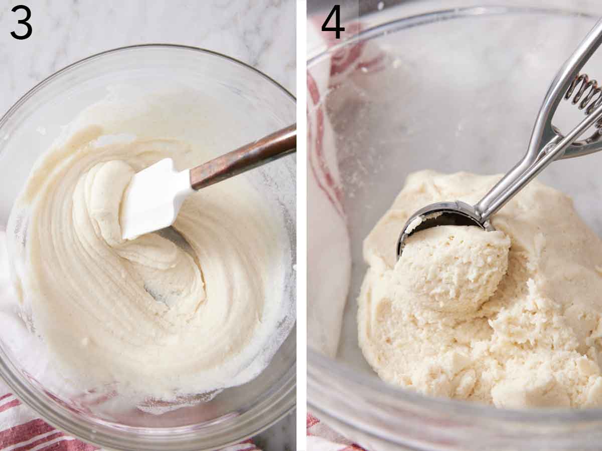 Set of two photos showing dough mixed and scooped.