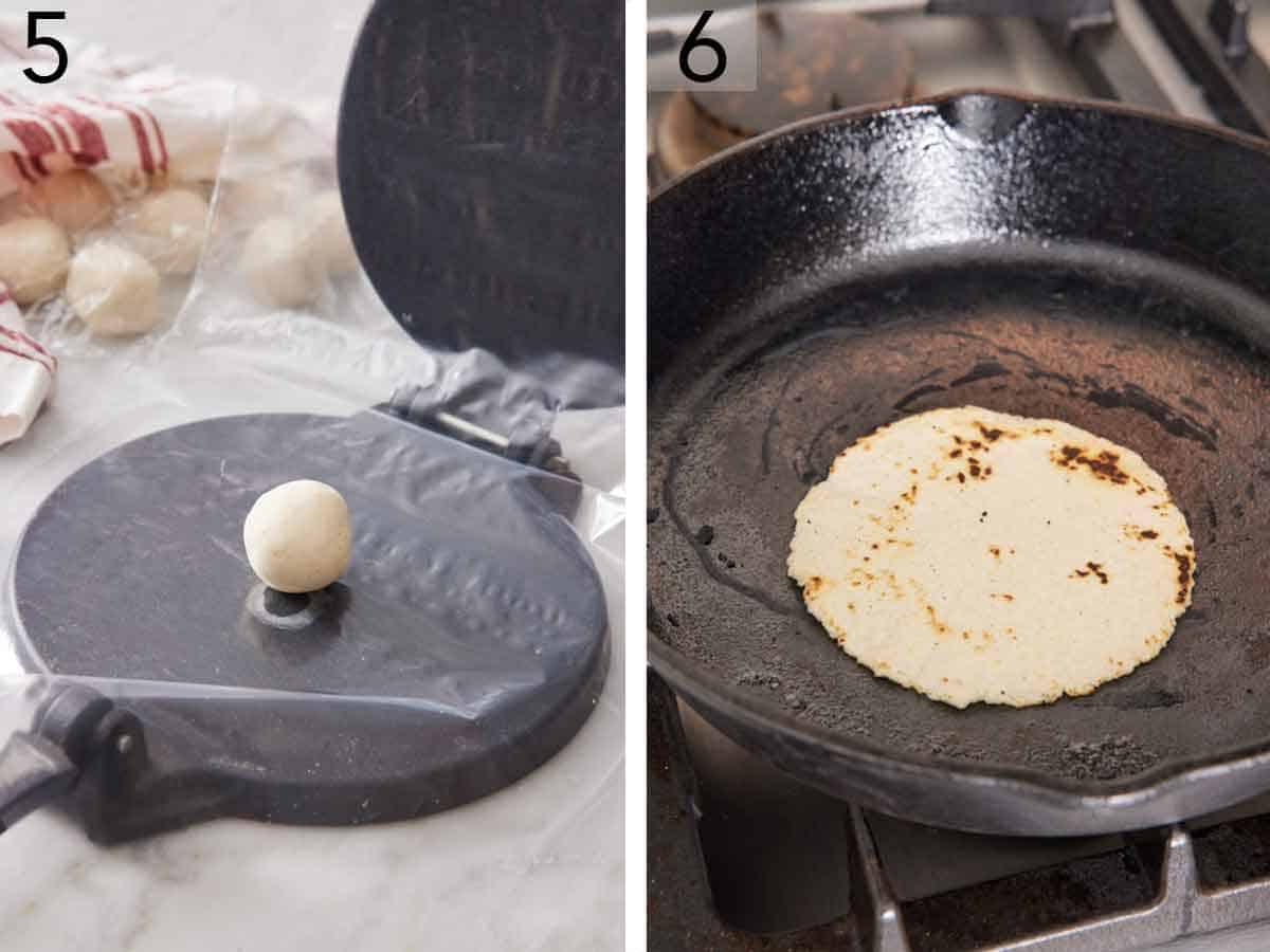 Set of two photos showing dough ball added to a lined tortilla press then tortilla cooked in a cast iron.