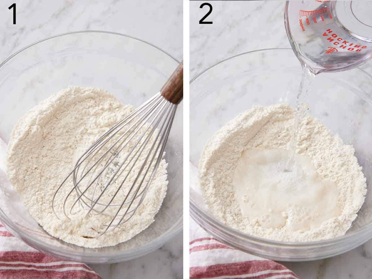 Set of two photos showing dry ingredients whisked in a bowl and water added.
