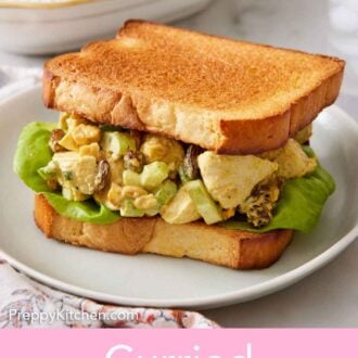 Pinterest graphic of curried chicken salad on lettuce between two toasted pieces of bread.