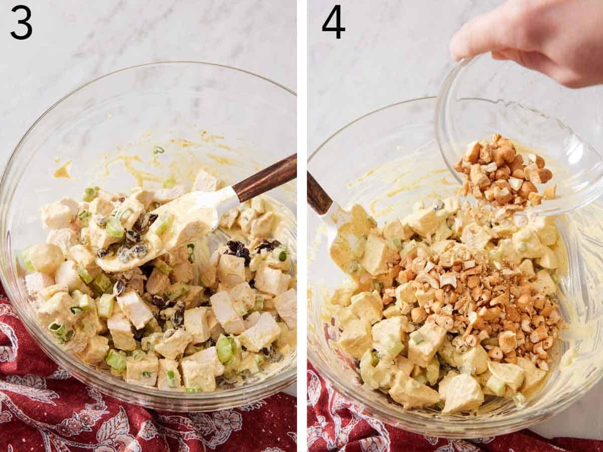 Set of two photos showing ingredients mixed together in a bowl then chopped cashews added.
