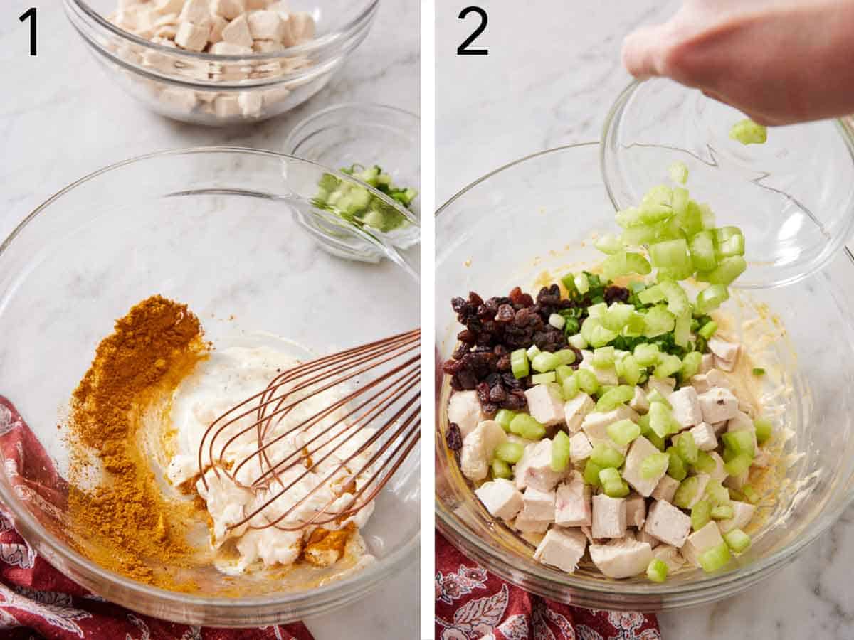 Set of two photos showing curry powder and mayonnaise whisked together and the celery, raisins, and chicken added to the bowl.