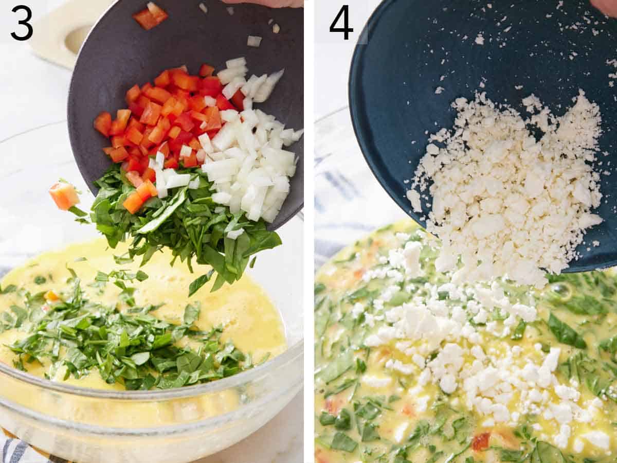 Set of two photos showing spinach, bell pepper, onions, and feta added to the mixed eggs.