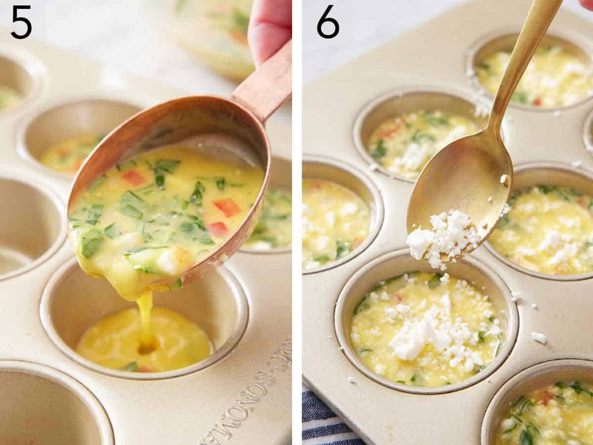 Set of two photos showing mixture scooped into a baking tin and topped with crumbled feta.