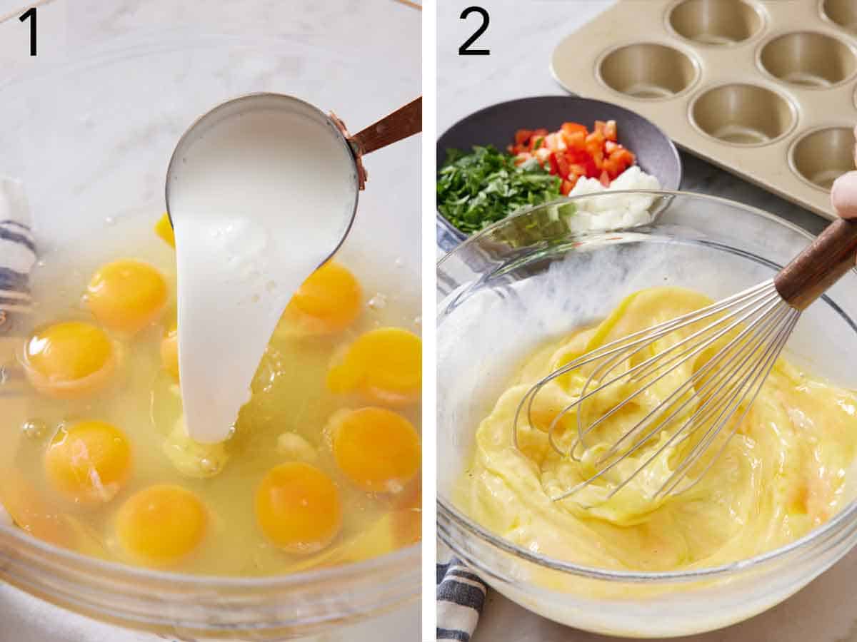 Set of two photos showing half and half added to a bowl of eggs then whisked.