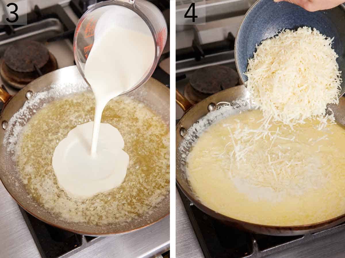 Set of two photos showing heavy cream and parmesan added to the skillet.