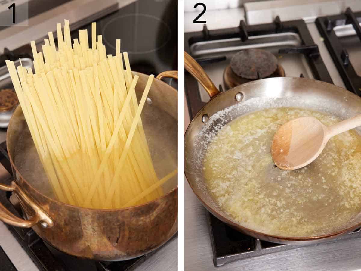 Set of two photos showing pasta added to a pot of water and butter melted in a skillet.