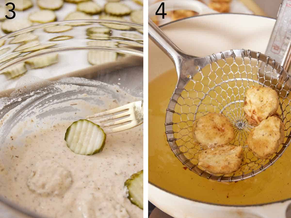 Set of two photos showing sliced pickles added to the batter then deep fried.
