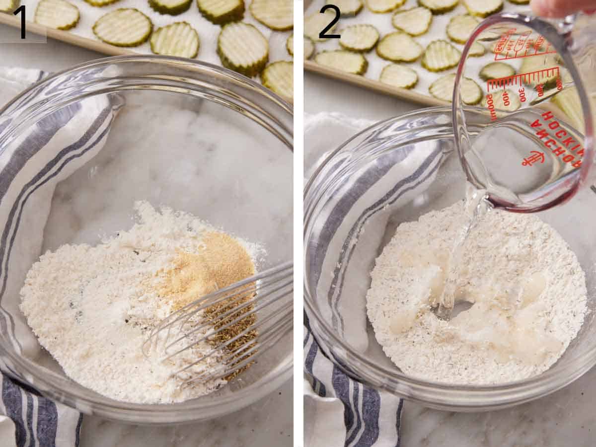 set of two photos showing dry ingredients whisked in a bowl and water added.