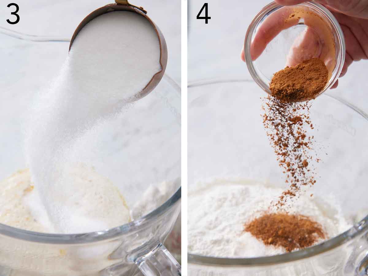 Set of two photos showing sugar added to yeast and seasoning added to the bowl.