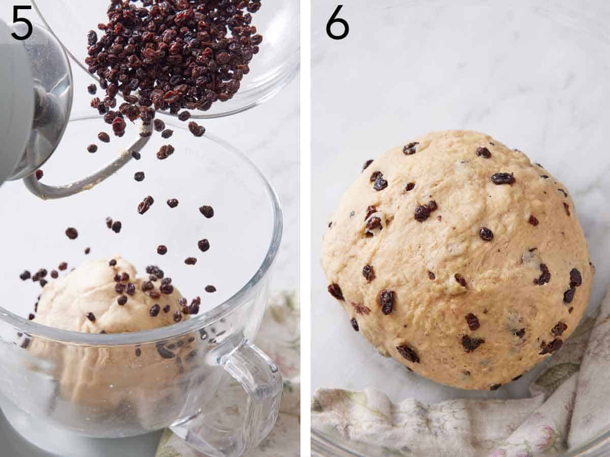 Set of two photos showing currants added to the mixture and the dough rolled into a ball.