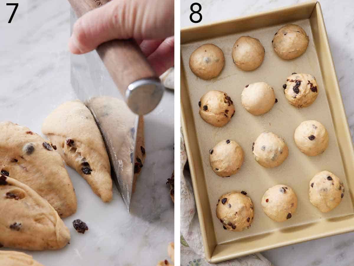 Set of two photos showing dough divided up and rolled into balls.