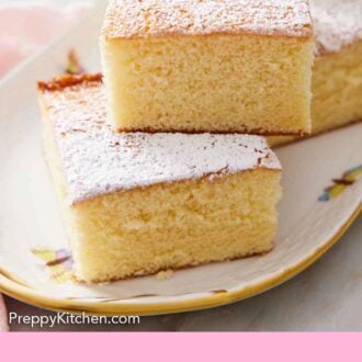 Pinterest graphic of a platter of hot milk cake pieces, some stacked on top of each other.