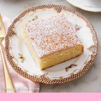 Pinterest graphic of a slice of hot milk cake topped with powdered sugar.