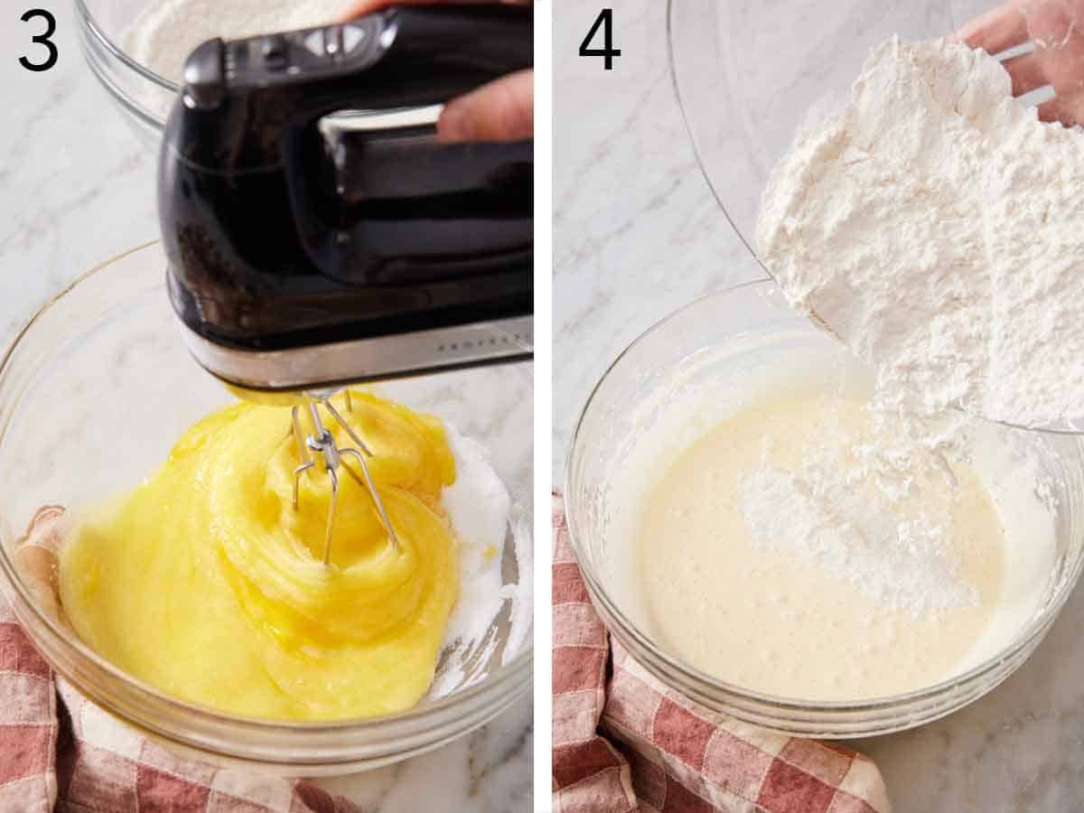 Set of two photos showing sugar and eggs beaten and dry ingredients poured into the mixture.