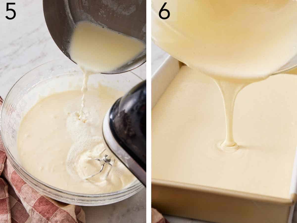 Set of two photos showing milk added to the batter and then everything poured into a baking pan.