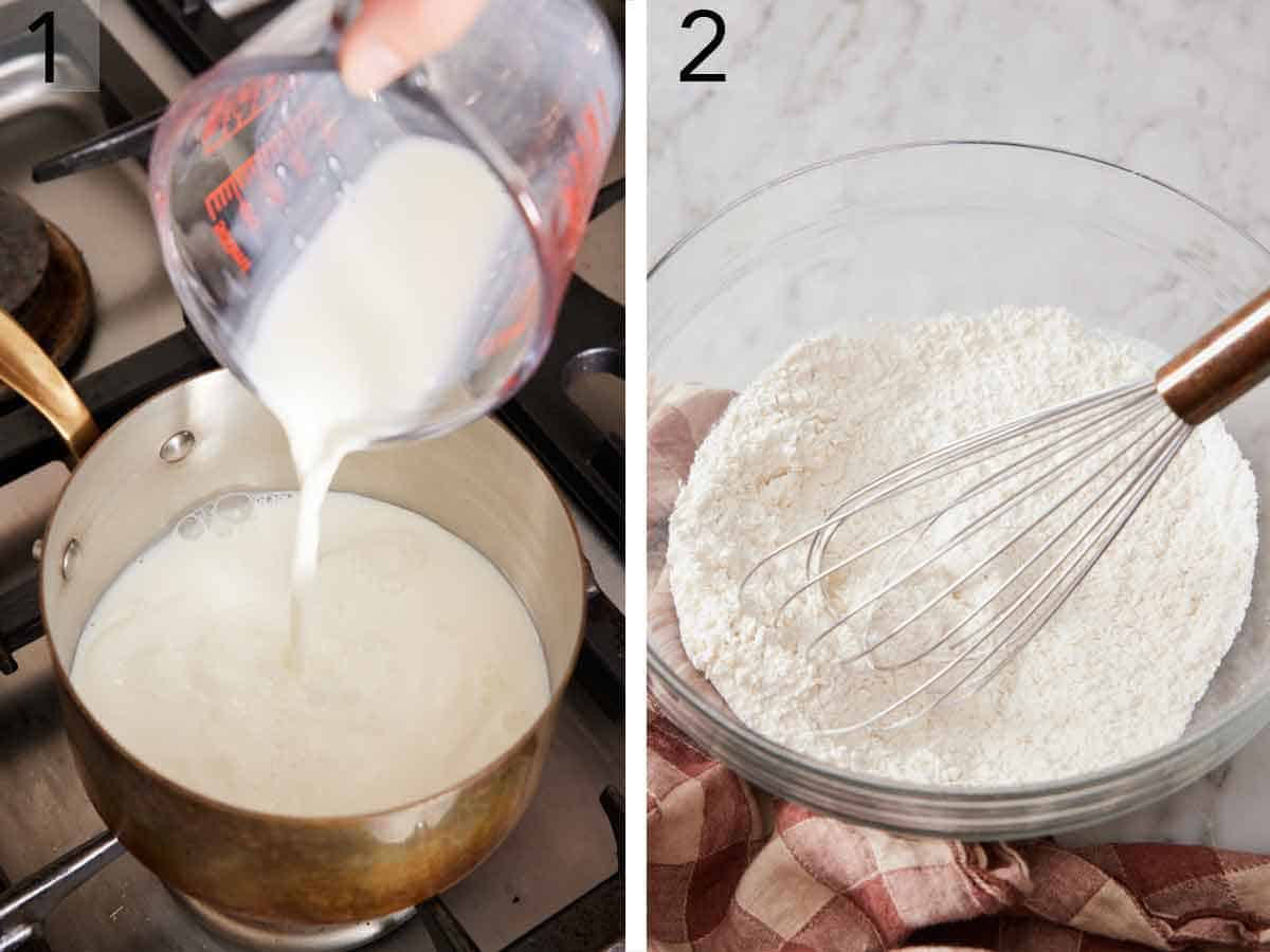 Set of two photos showing milk added to a saucepan and dry ingredients whisked in a bowl.