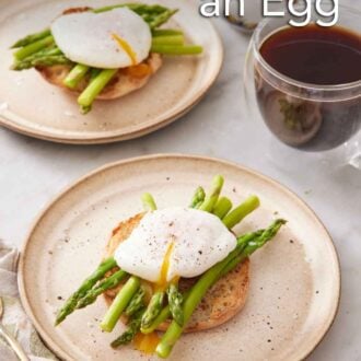 Pinterest graphic of two plates with a bagel topped with asparagus and a poached egg. A coffee and sauce off to the side.