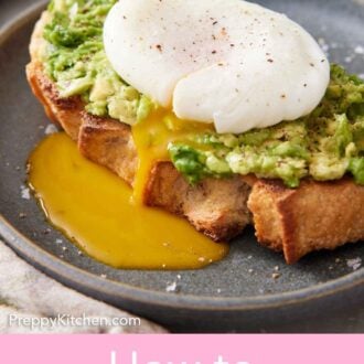 Pinterest graphic of a plate with avocado toast topped with a poached egg with the yolk dripping down the bread.
