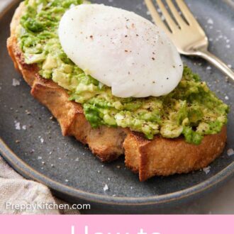 Pinterest graphic of a plate with avocado toast topped with a poached egg on top.