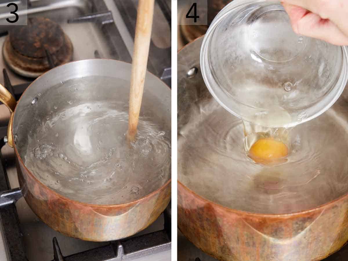 Set of two photos showing water stirred and egg added.