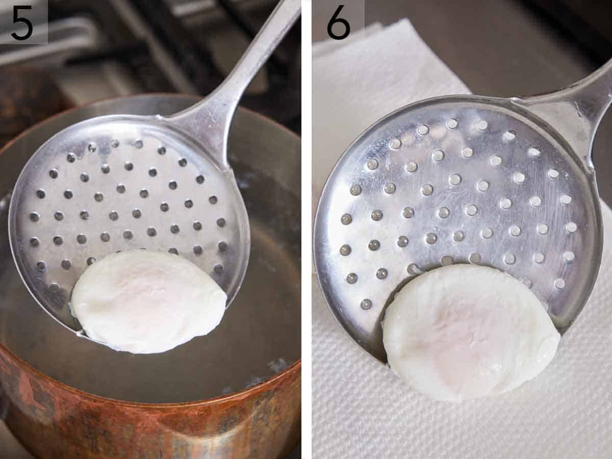 Set of two photos showing a poached egg scooped out of the pot and placed on a paper towel.
