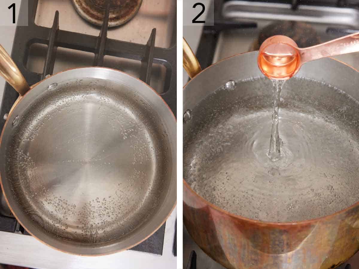 Set of two photos showing water coming up to a boil and vinegar added.