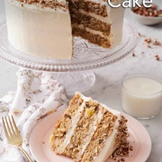 Pinterest graphic of a slice of hummingbird cake on a plate with a cake stand with the rest of the cake in the background along with a glass of milk.