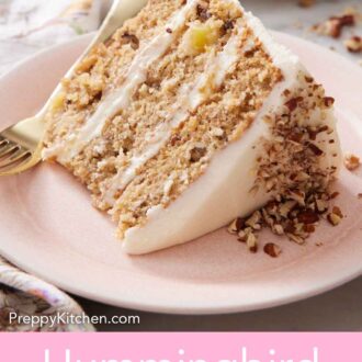 Pinterest graphic of a slice of hummingbird cake on a plate showing the three layers.