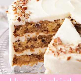 Pinterest graphic of close up view of a cut hummingbird cake, showing the interior layers of the cake.