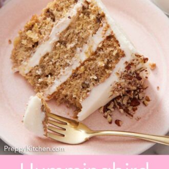 Pinterest graphic of slice of hummingbird cake on a plate with a bite on a fork.