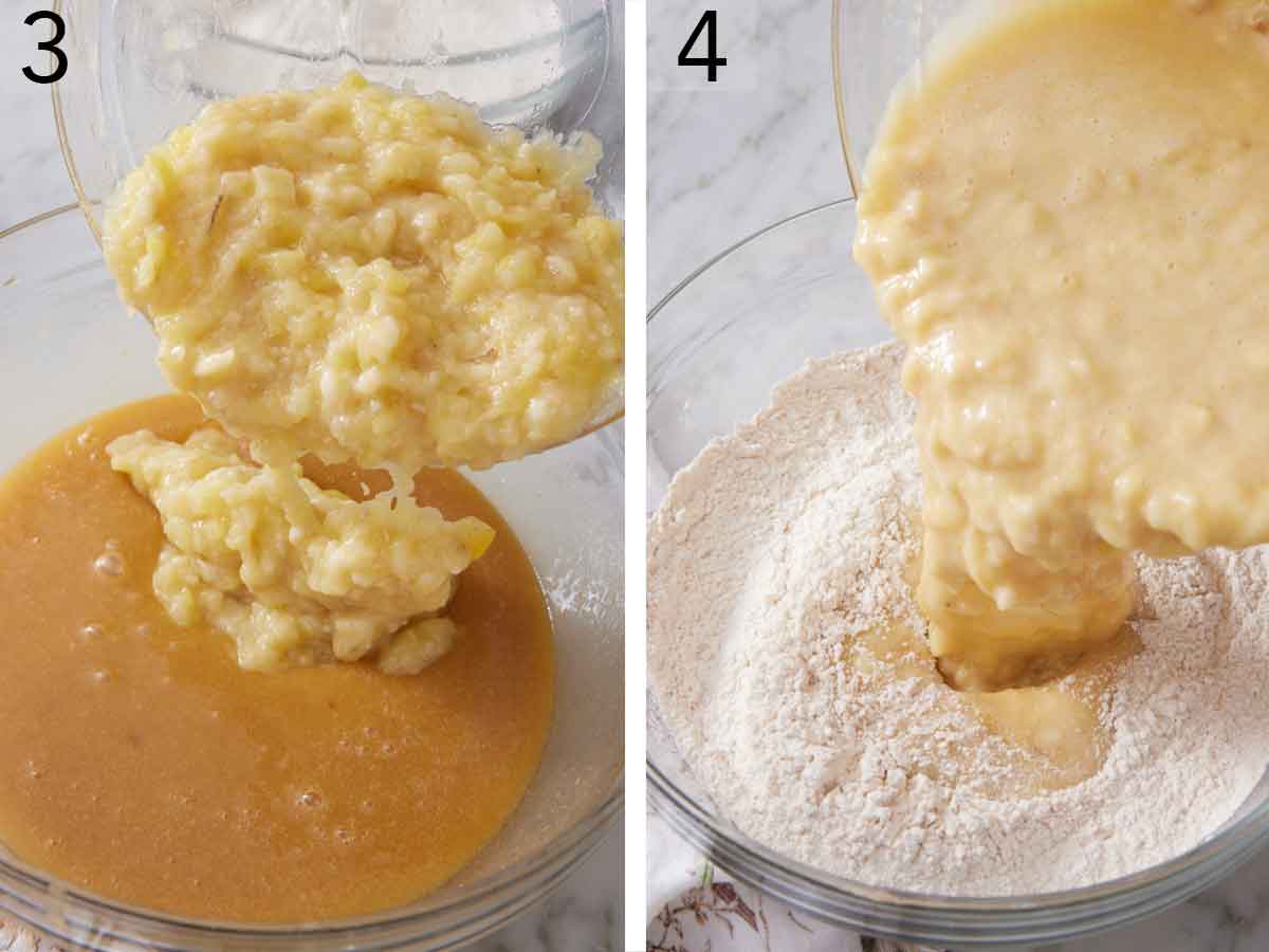 Set of two photos showing mashed bananas added to the wet ingredients and wet ingredients added to the dry ingredients.