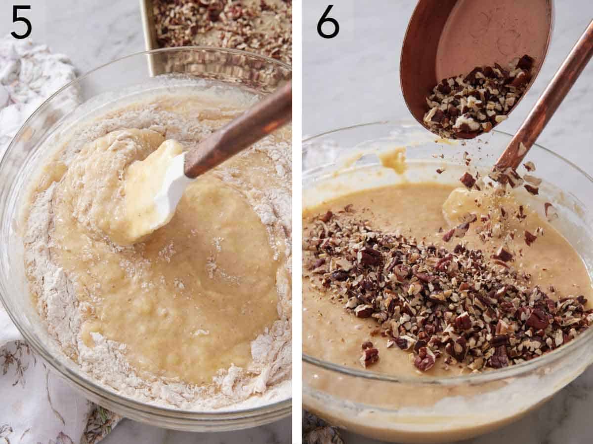 Set of two photos showing batter mixed and chopped pecans added.