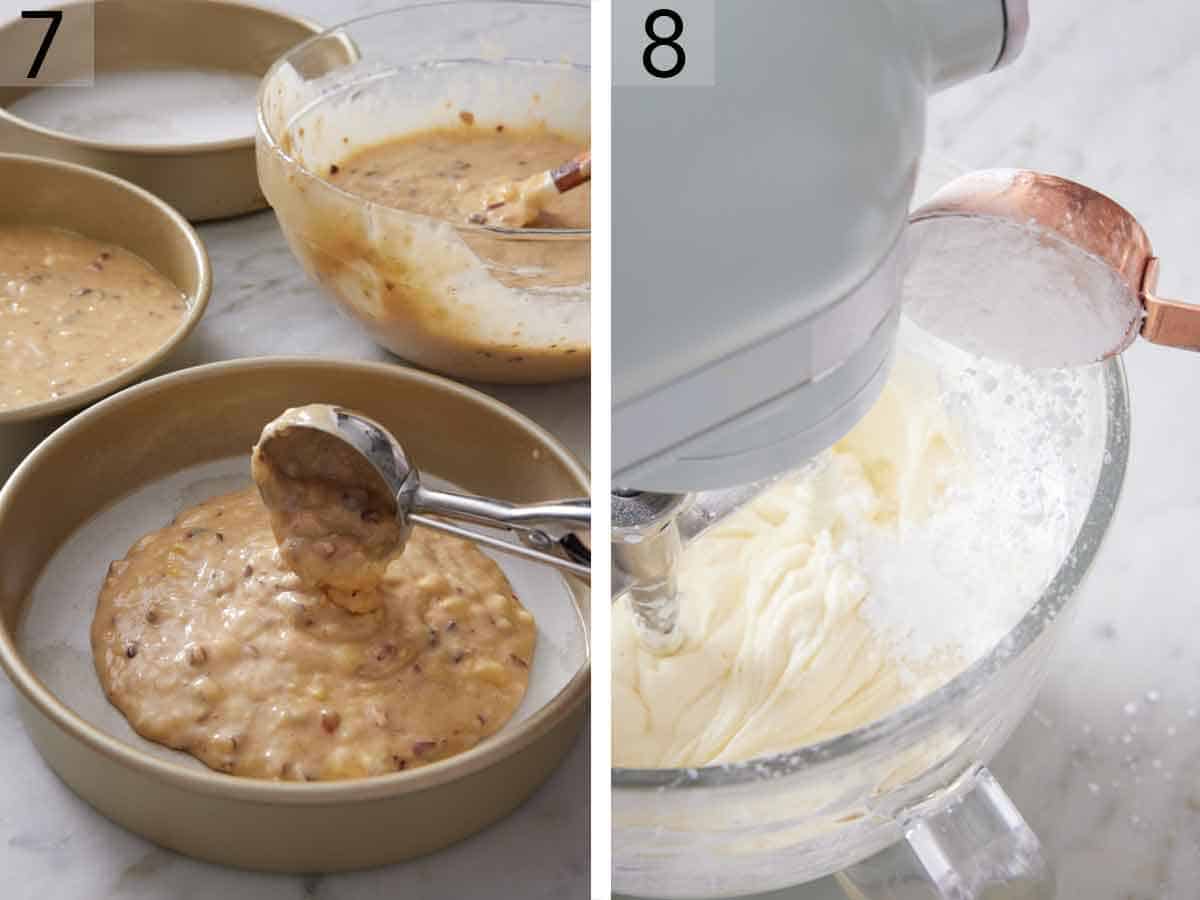 Set of two photos showing batter added to cake pans and frosting mixed together in a mixer.