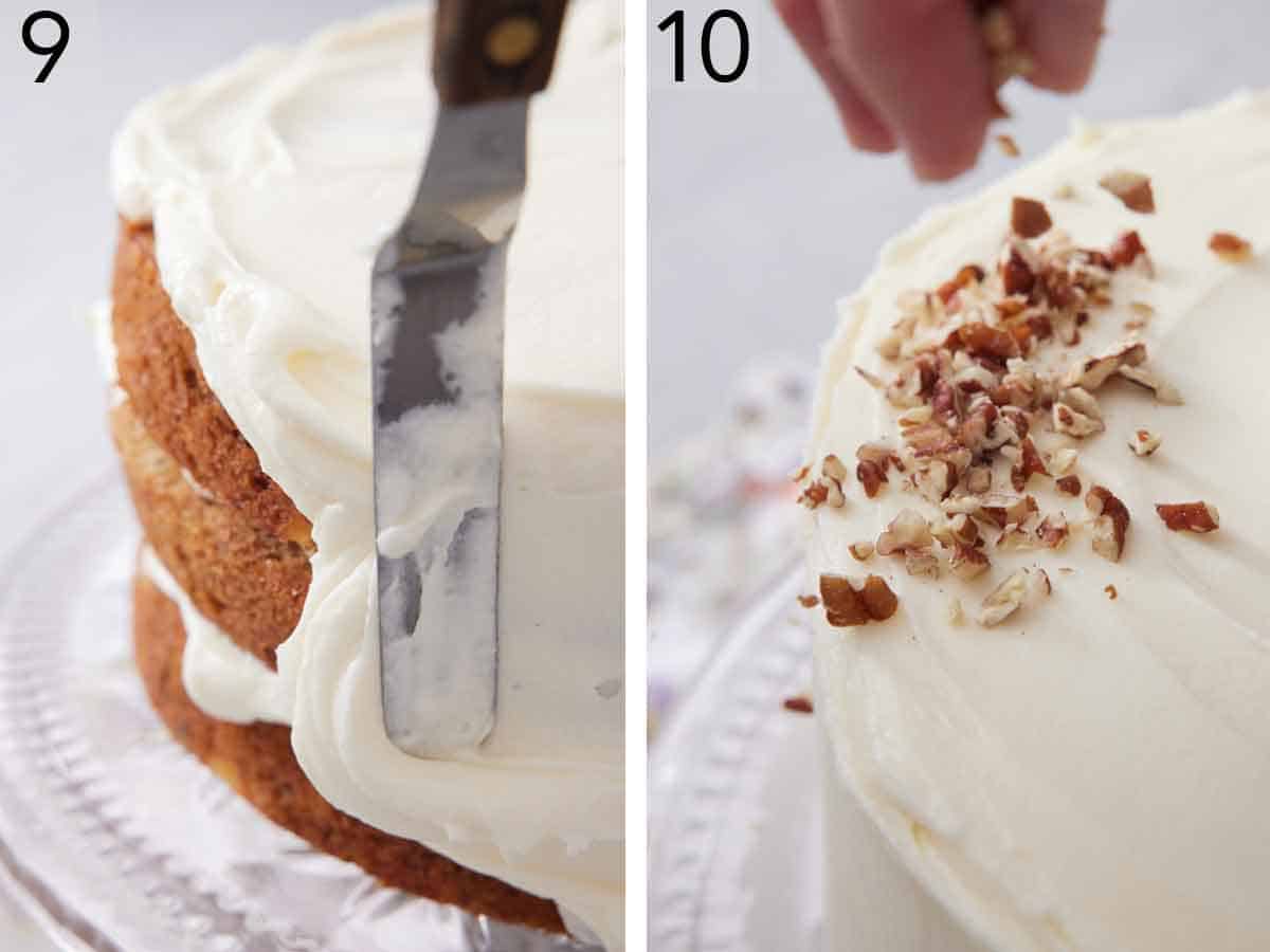 Set of two photos showing cake frosted and chopped pecans added on top.