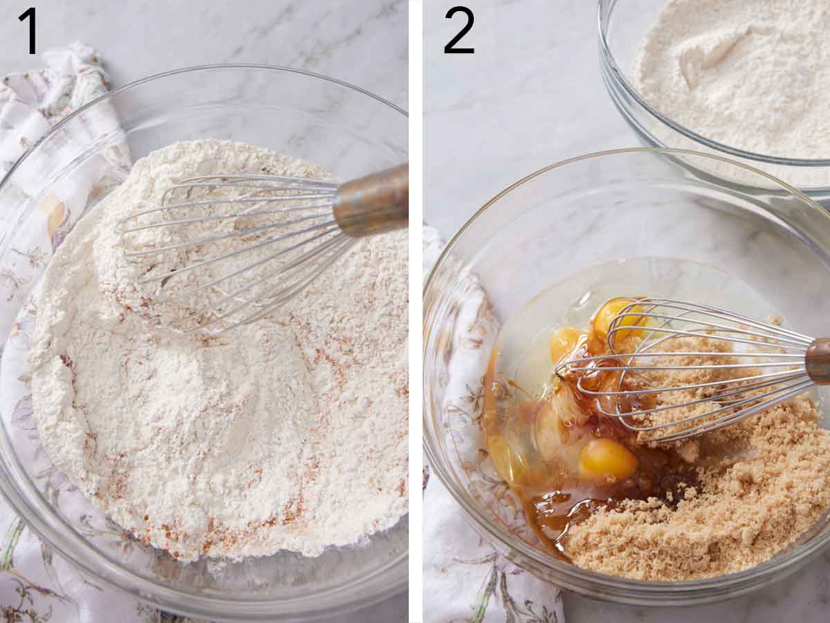 Set of two photos showing dry ingredients whisked in a bowl and eggs whisked with brown sugar in another bowl.