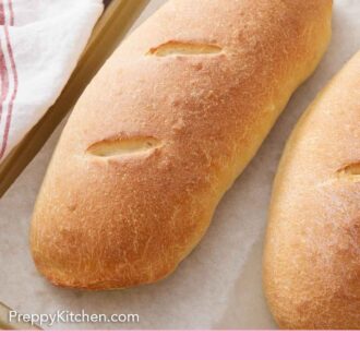 Pinterest graphic of a loaf of freshly baked Italian bread.