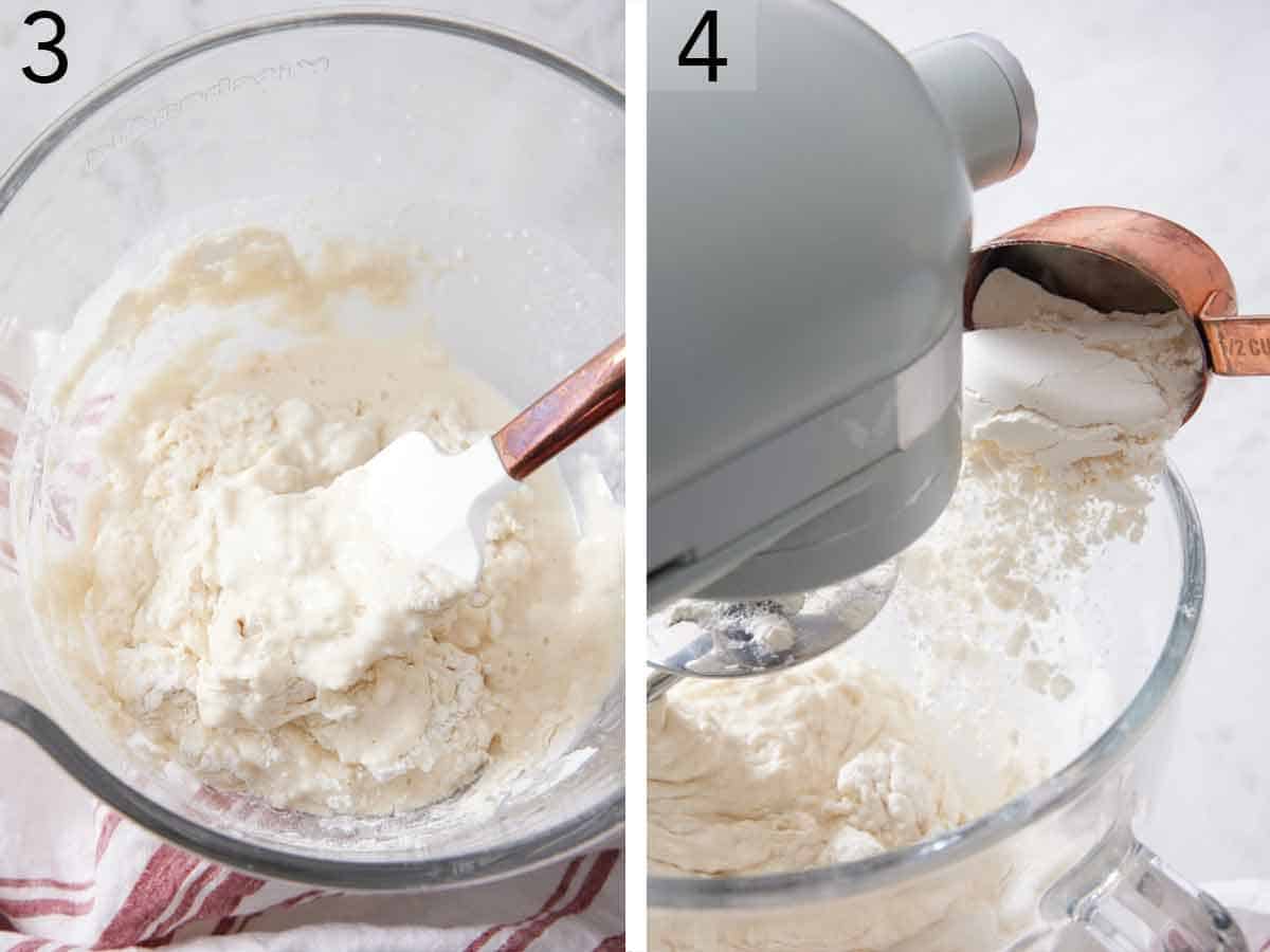 Set of two photos showing mixture stirred and more flour added to the mixing bowl.