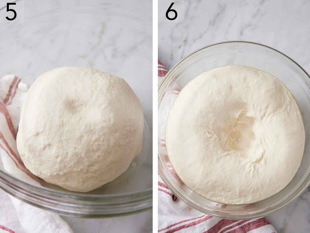 Set of two photos showing dough ball in a bowl then punched down.
