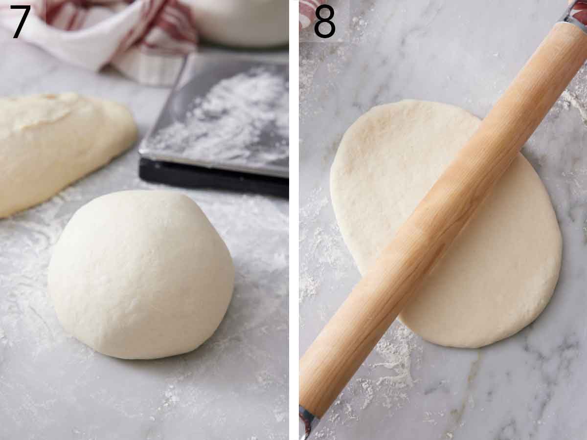 Set of two photos showing the dough shaped into a ball then rolled with a rolling pin.