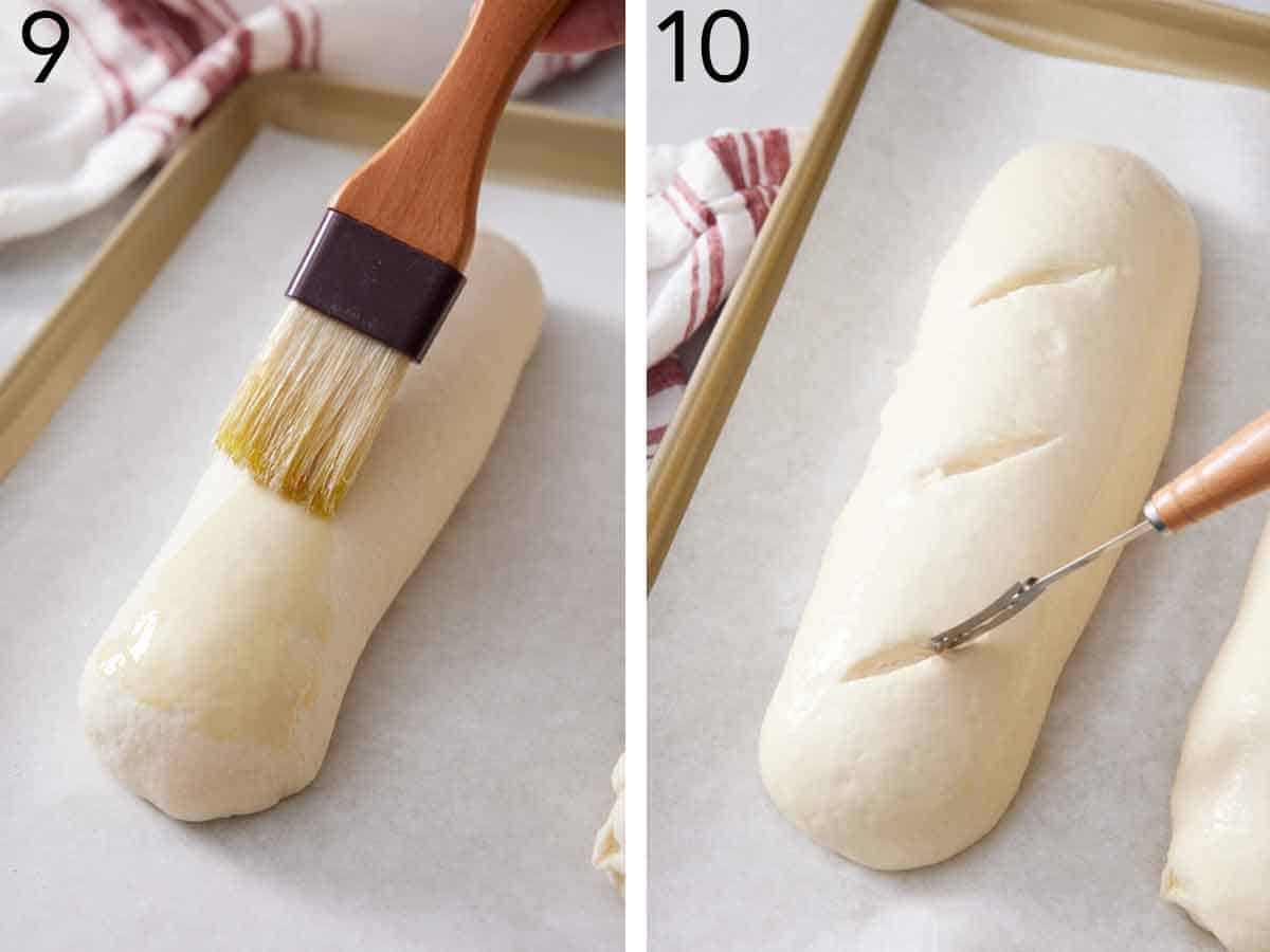 Set of two photos showing dough brushed with oil then scored.