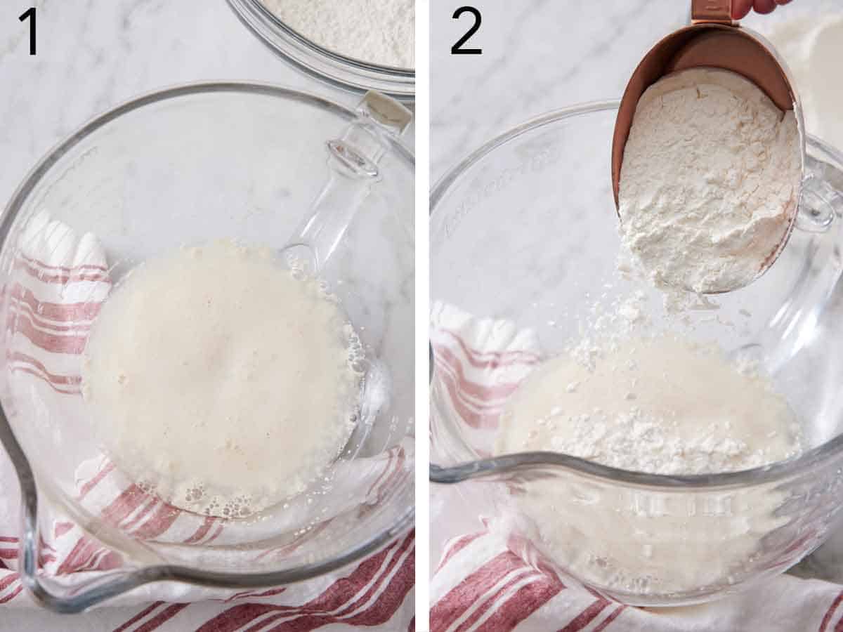 Set of two photos showing yeast blooming in a mixing bowl and flour added.