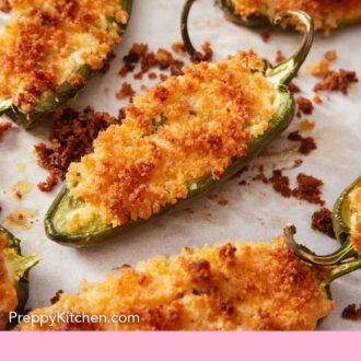 Pinterest graphic of multiple jalapeno poppers with crispy panko scattered around.