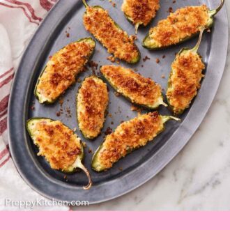 Pinterest graphic of an overhead view of a platter of jalapeno poppers.