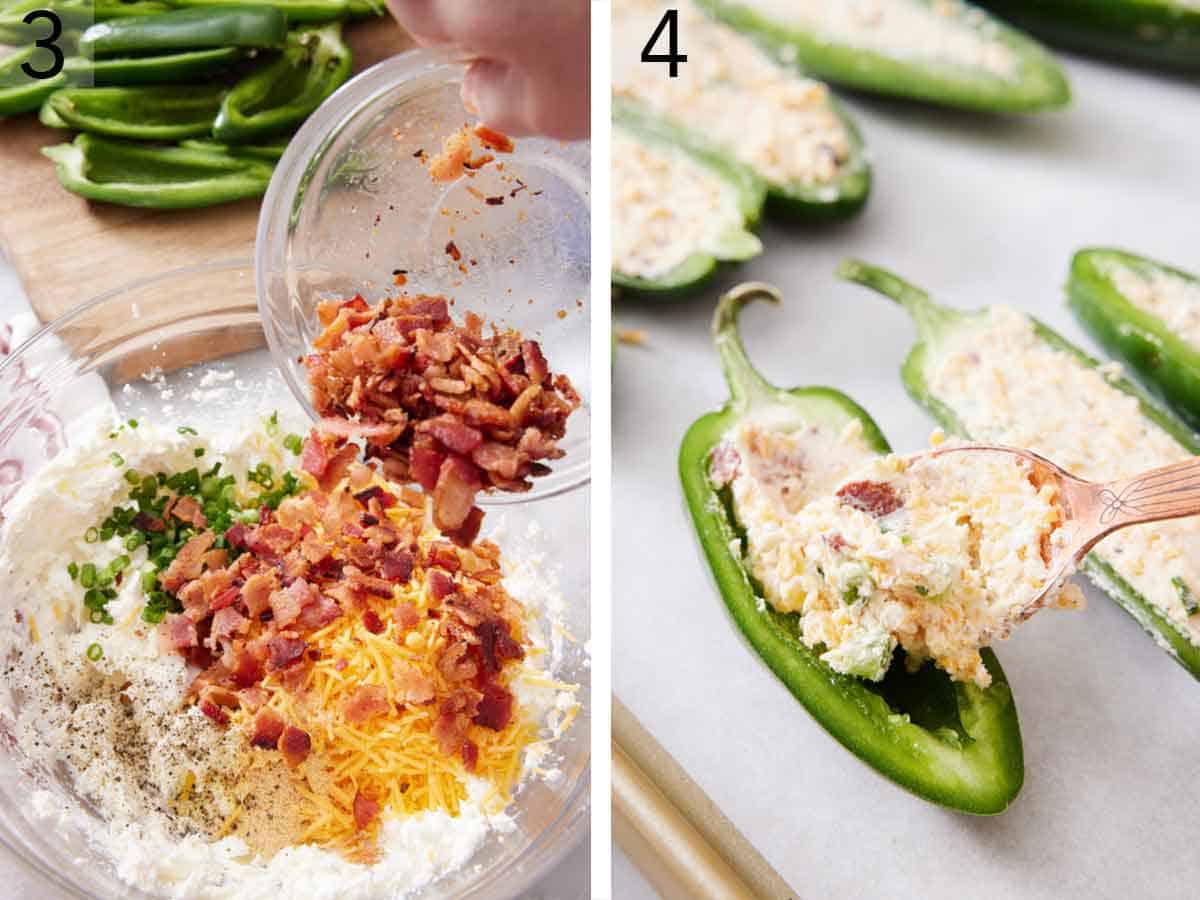 Set of two photos showing bacon added to the bowl of filling then scooped into a cut jalapeno.