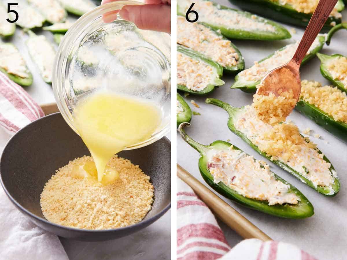 Set of two photos showing melted butter poured into panko breadcrumbs and then spooned on top of the jalapenos.
