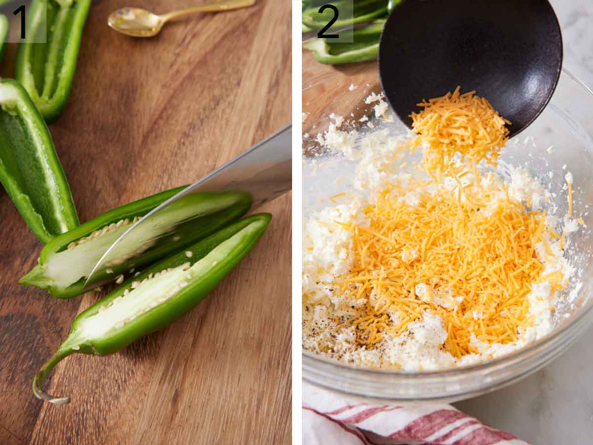 Set of two photos showing jalapenos cut in half and shredded cheese added to a bowl with cream cheese.