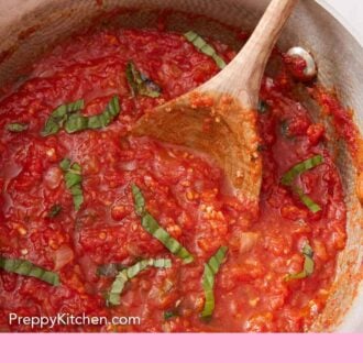 Pinterest graphic of a wooden spoon stirring a pot of marinara sauce with fresh basil.